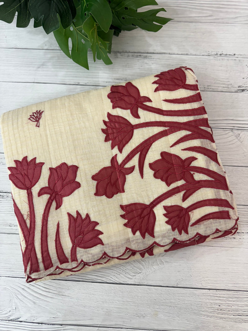 Jute Linen Applique work saree  -MSH128 Offwhite to MaroonRed
