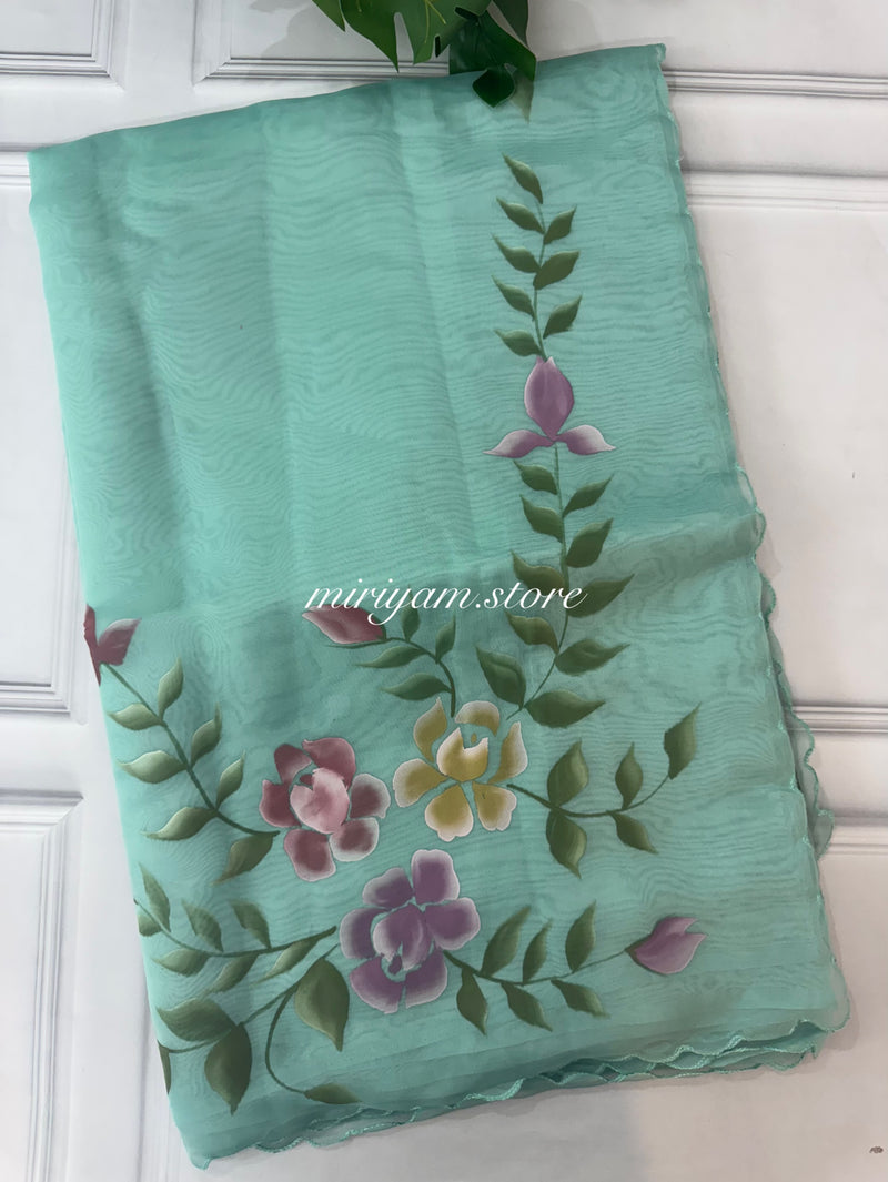 Handpainted soft organza saree SSKW18- CyanBlue