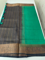 Jute silk sarees with contrast  pallu & blouse MJL324 Green to DarkBlue