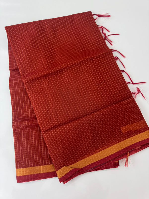 Mangalagiri Silk Cotton Saree with zari checks MS90321 RustOrange