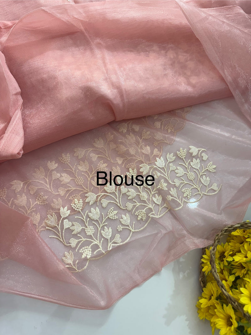 Glassy tissue organza saree with embroidery FKSF88- PeachPink