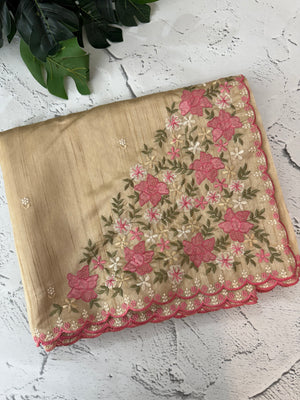 Blended tussar silk saree with embroidery- MS1072 Beige to Pink
