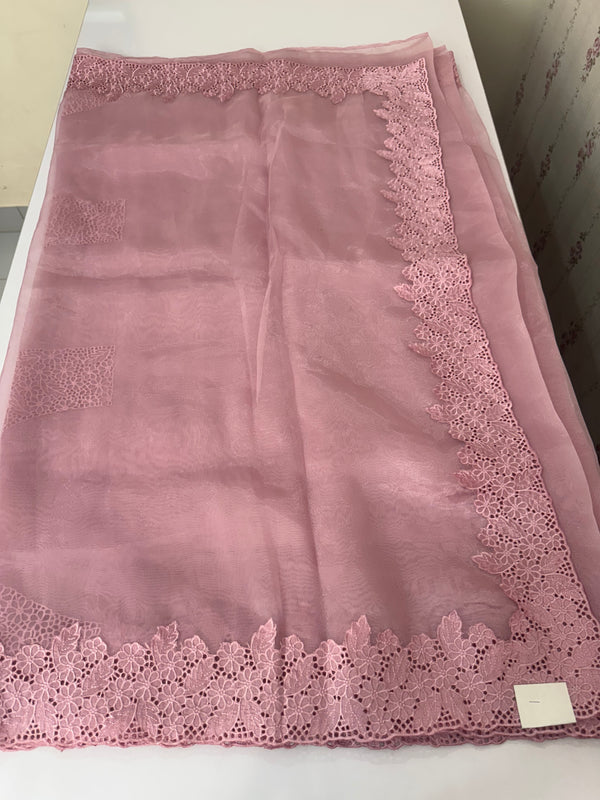 Cutwork Kora Organza saree with full cutwork blouse-  MS14154 PastelPink