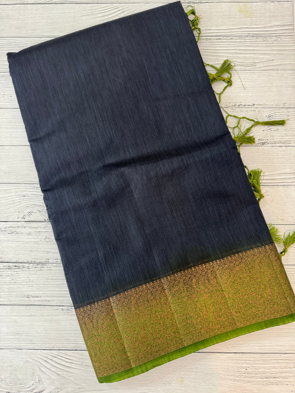 Jute silk sarees with contrast pallu & blouse MJL396- Black to Green
