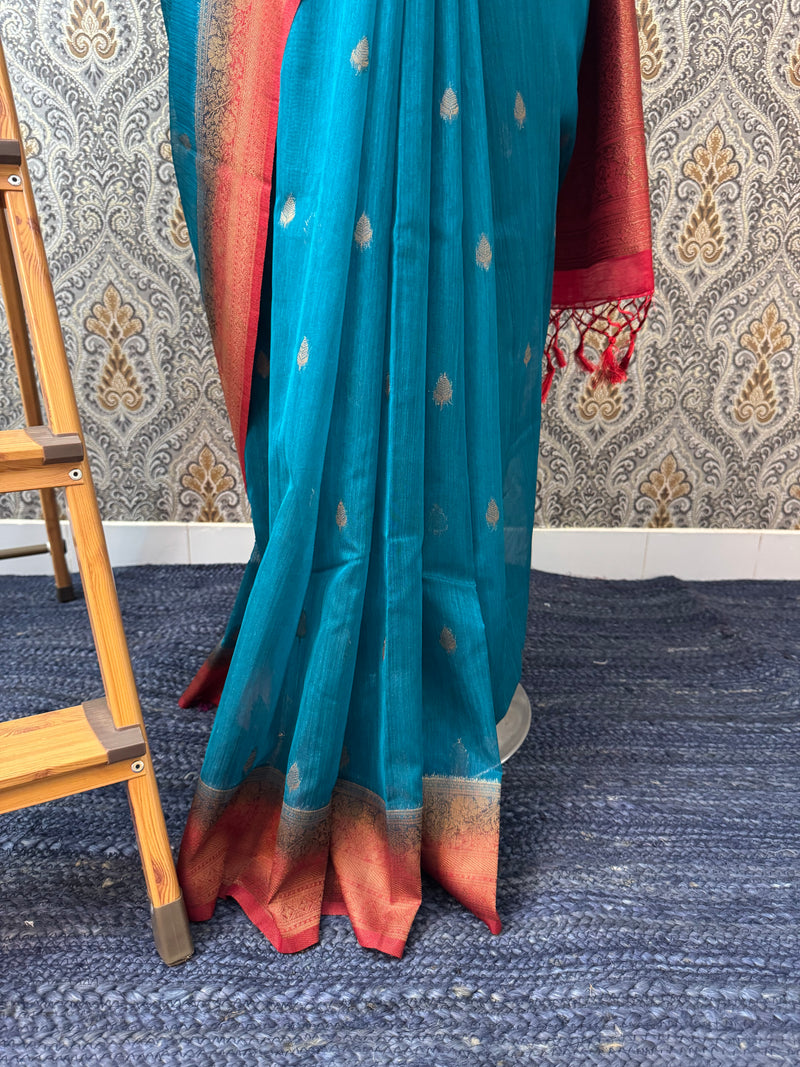 Jute tussar silk sarees with contrast pallu & brocade blouse MS1688