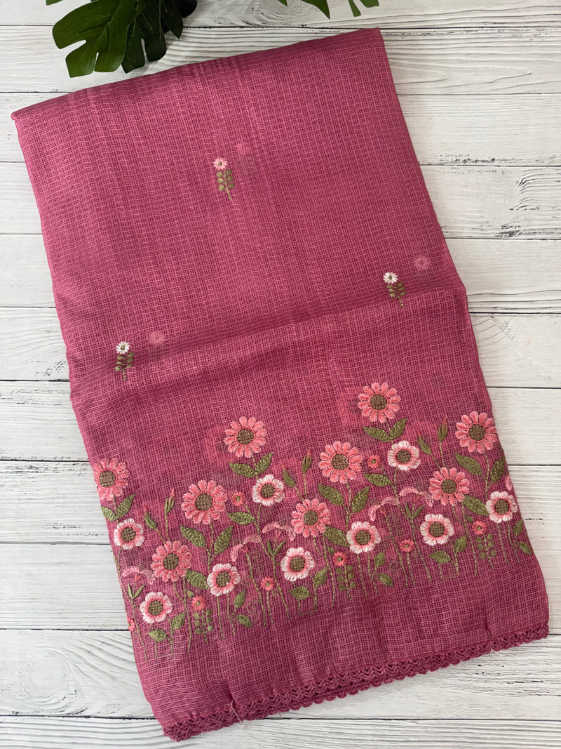 Soft kota checks saree with embroidery - SVPSNM Pink