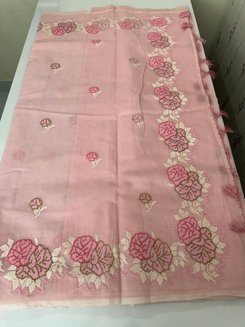 Supernet saree with cross stitch embroidery MSH116- Pink
