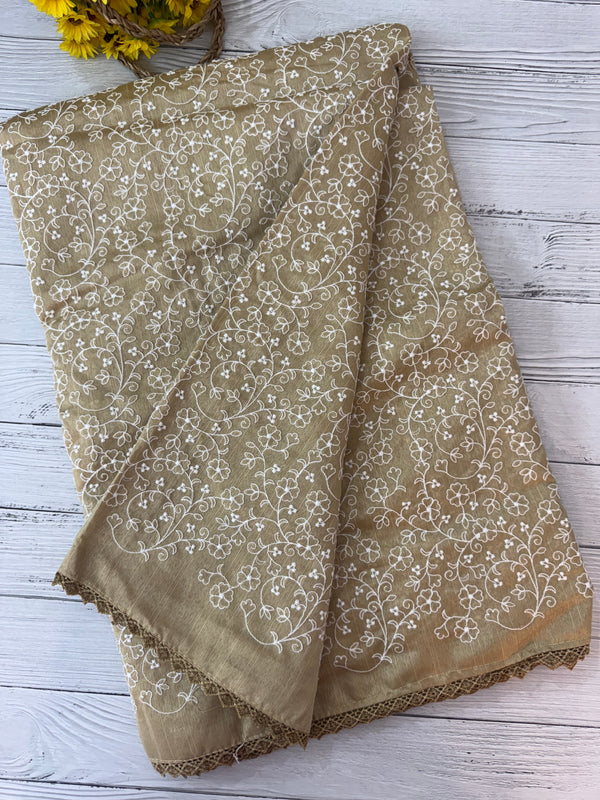 Art silk saree with white thread embroidery SVTS28- Chikoo