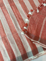 Linen cotton saree with stripes MLS67 - Peach and White