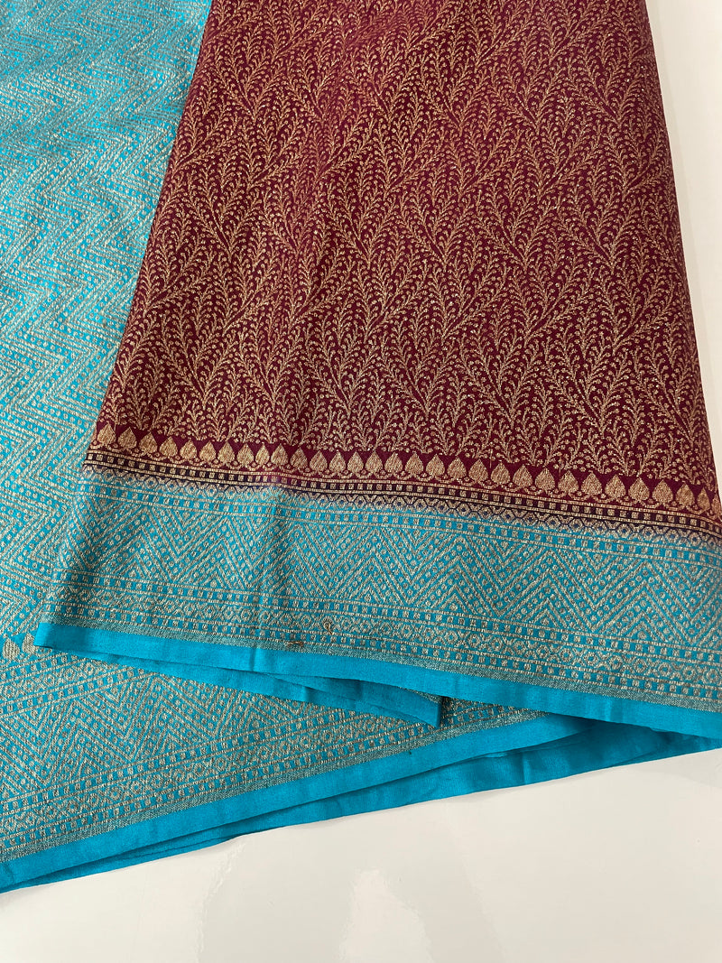 Banarasi semi katan saree with contrast border SHKNTNM- Wine to Blue