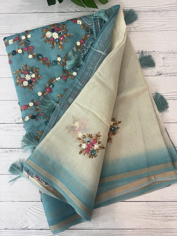 Kosa Tussar silk saree with hand embriodery - MS8199 Blue
