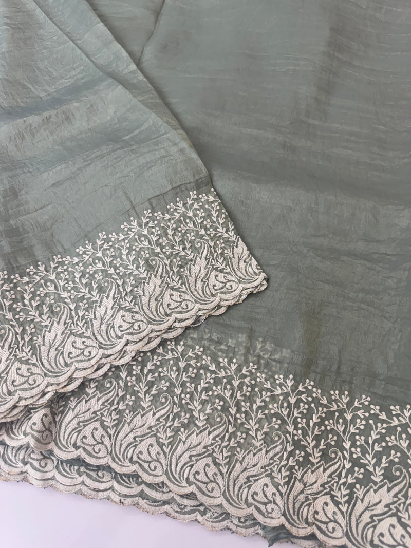 Crush Organza embroidery saree MS9739- Dusky Green