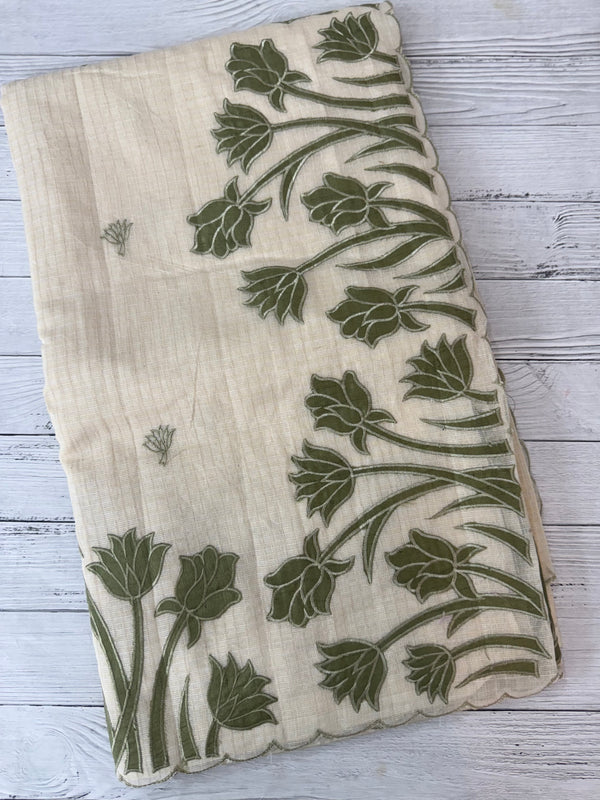 Jute Linen Applique work saree  -MSH128 Offwhite to Green