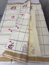 Kerala embroidery cotton saree - Poovili 1