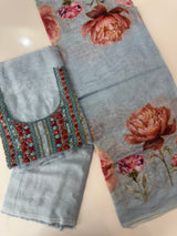 Unstitched Chanderi suit Set with kanta and knot embroidery- MK171 DustyBlue