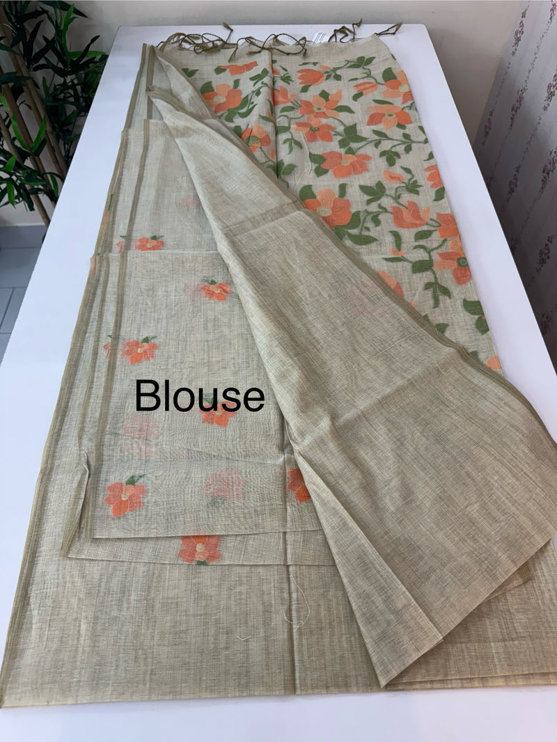 Jamdani Cotton Saree with plain body and Floral Jamdani blouse MS12552