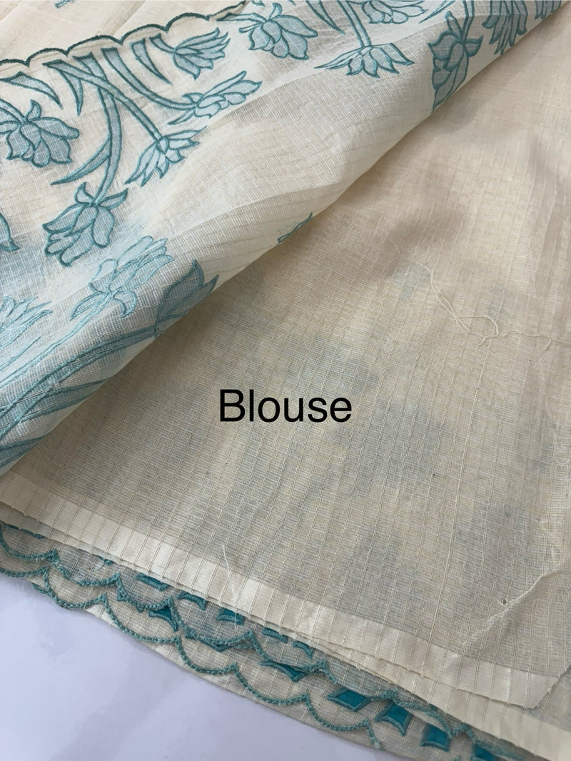 Jute Linen Applique work saree  -MSH128 Offwhite to Blue