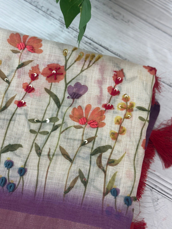 Handworked floral digital printed semi Linen Saree MLS611