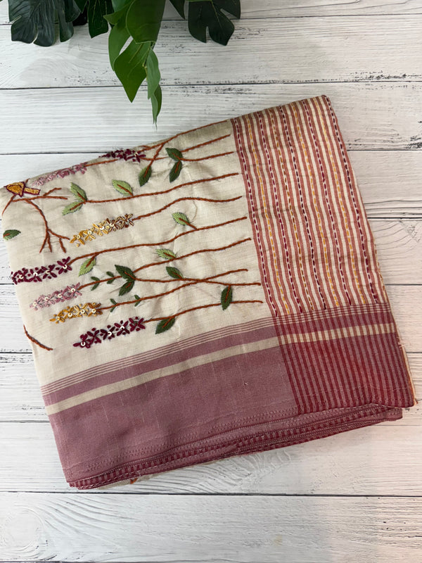 Blended tussar silk saree with hand embroidery MS40488