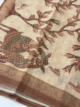 Blended linen saree with knotted embroidery and digital prints MLS4545