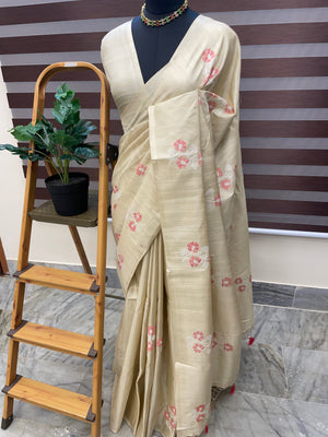 Crepe semi tussar silk saree with cross stitch embroidery-MSCS634