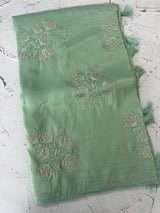 Soft Crush Organza Applique work saree with tissue applique work MS14978 CyanBlue