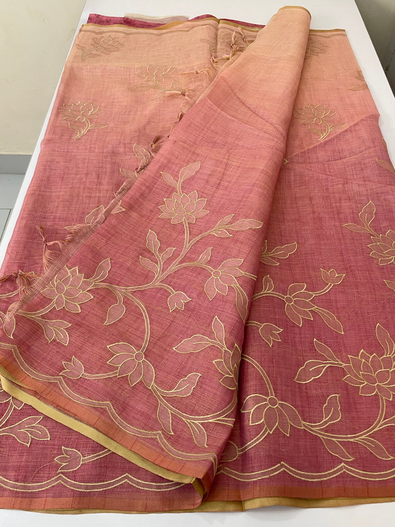 Ombre Soft Tissue linen saree with appliqué work MSL875
