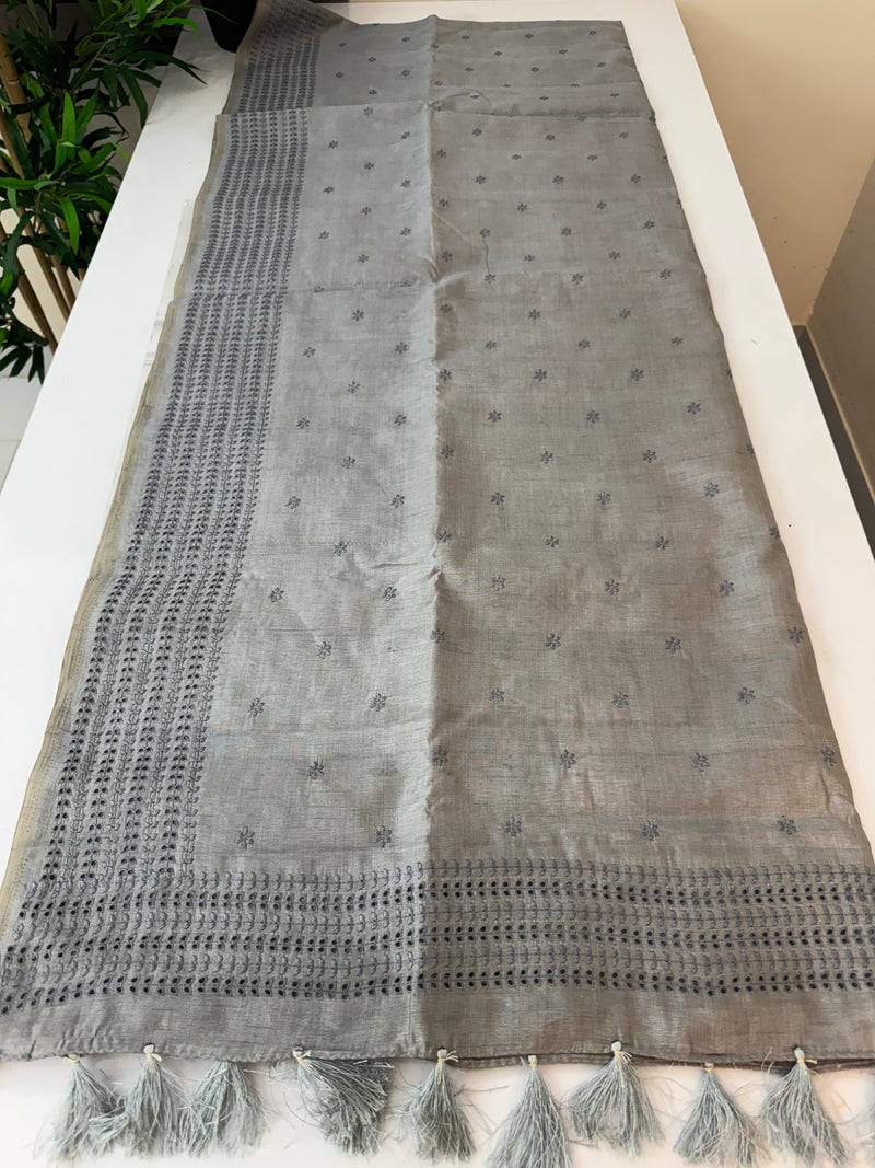 Blended tussar saree with cutwork - MJHG78 Grey