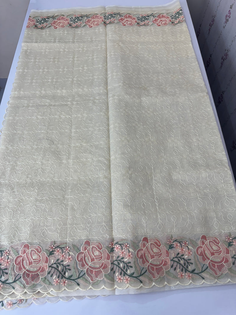 Phulkari NetKota embroidery saree - MSH107 Offwhite to Peach