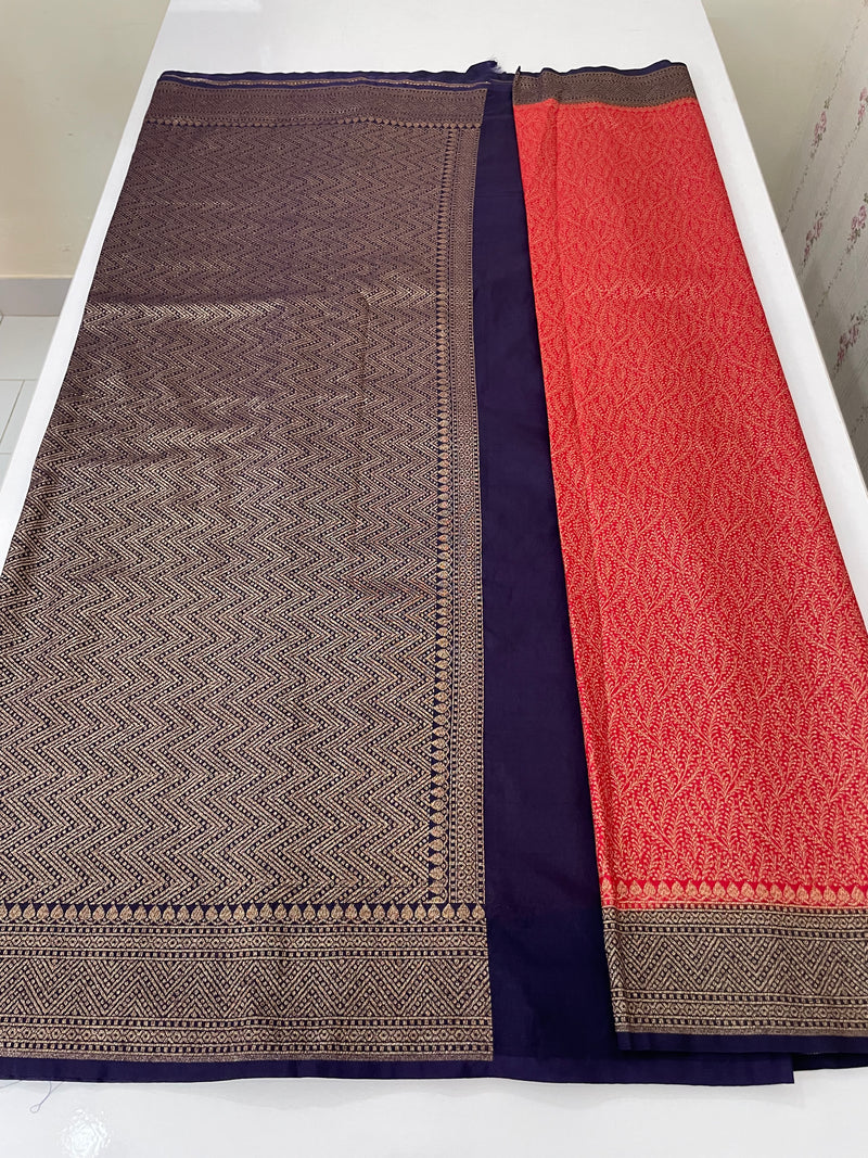 Banarasi semi katan saree with contrast border SHKNTNM - Red to DarkBlue