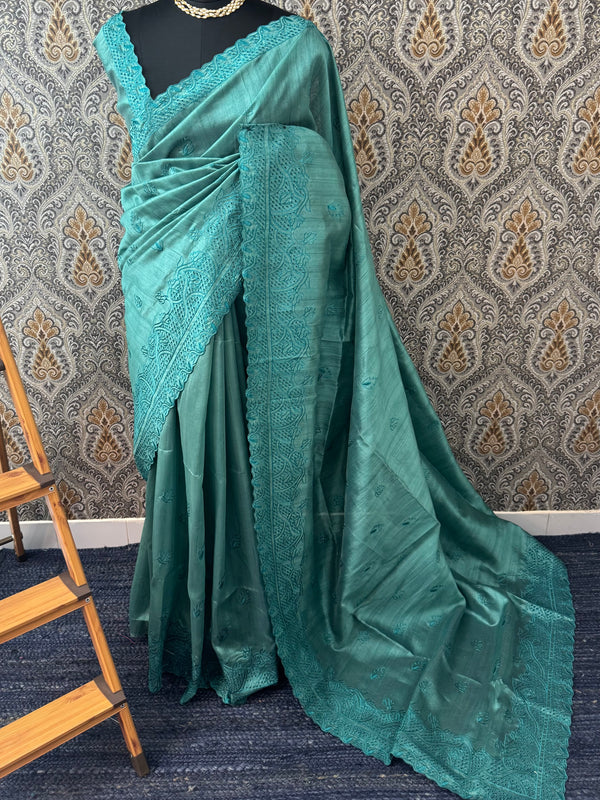 Blended tussar silk saree with embroidery and cutwork- MS78911