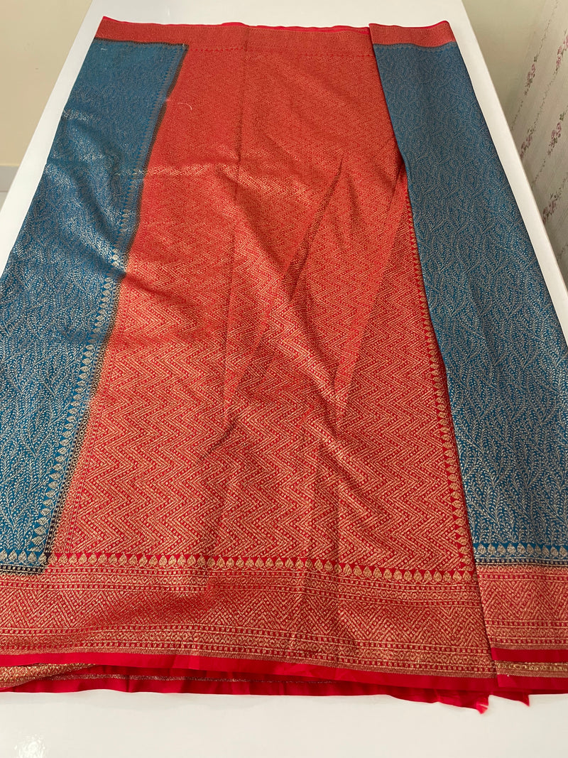 Banarasi semi katan saree with contrast border SHKNTNM- OceanaBlue to Red