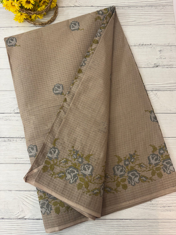 Pure Kota cotton saree with cross stitch embroidery -MKAS339 GreenishGrey