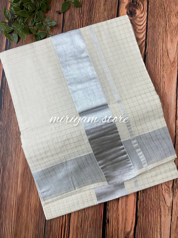 Kerala cotton Saree - Silver checks