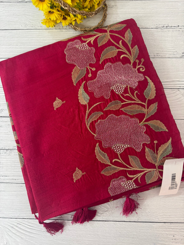 Crushed Blended tussar silk saree with embroidery- SNFCYEY- DarkPink