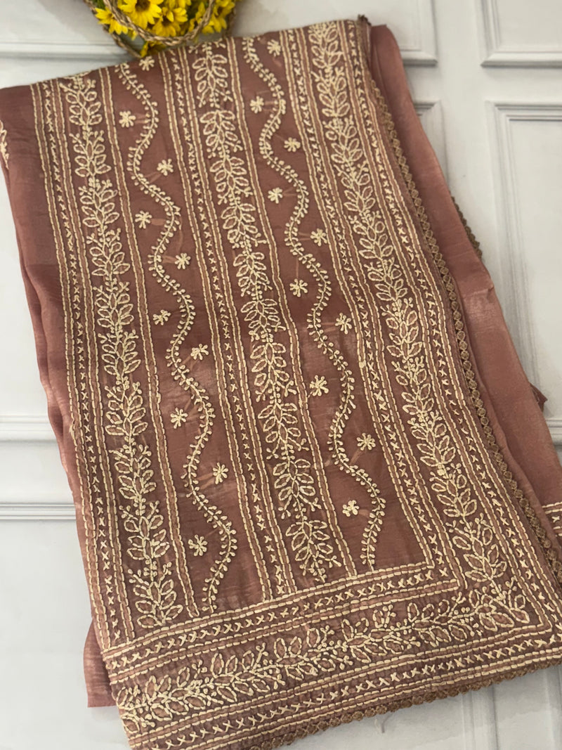 Crush organza saree with chikankari embriodery MS76551/4 - Dusky GreenMix brown