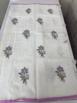 Lightweight Supernet saree with cross stitch embroidery MS142- White to Lavender