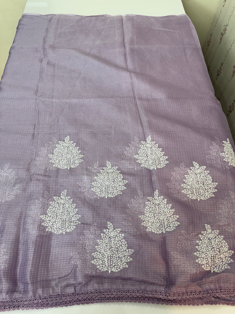 Soft kota checks saree with embroidery - SVTS23 Lavender