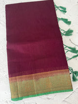 Jute silk sarees with contrast pallu & blouse MJL396 Wine to Green