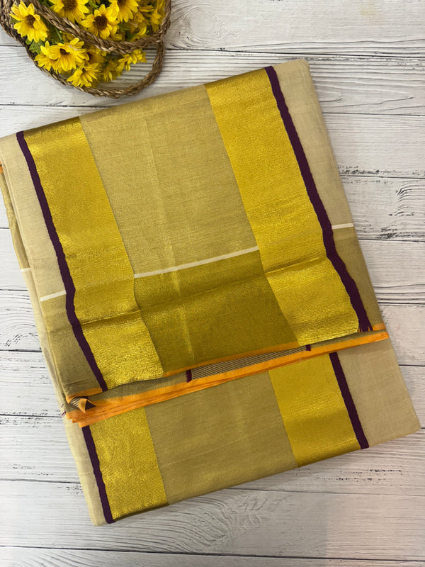 Kerala gold tissue saree with temple border - Purple