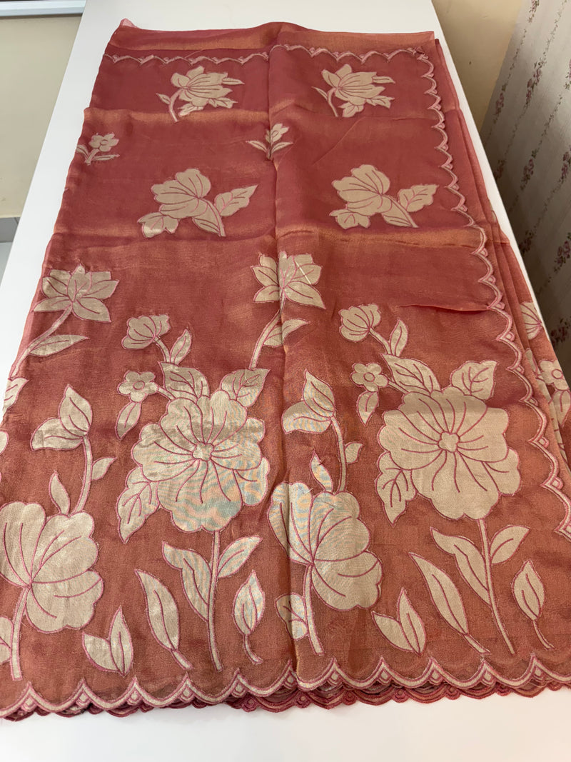 Dual tone Crush silk Organza Applique work saree MS14567- DuskyPeachPink