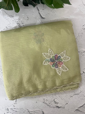 Soft crush Organza saree with applique work MBS679- PastelDustyGreen