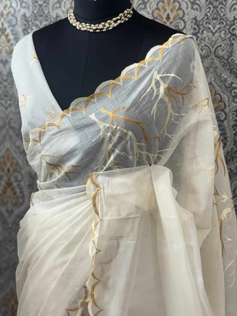 Mul chanderi embriodery saree with scalloped borders MCBS654