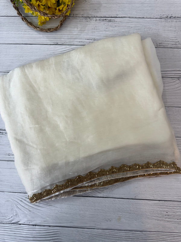 Shimmery crush silk saree with handworked lace border MS99321- Offwhite