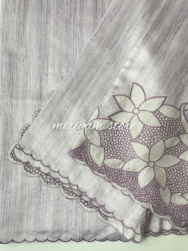 Crepe semi tussar saree with embroidery and scalloped border MCSS653 - Pastel Lavender