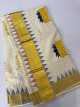 Kerala cotton saree checks - lotus prints