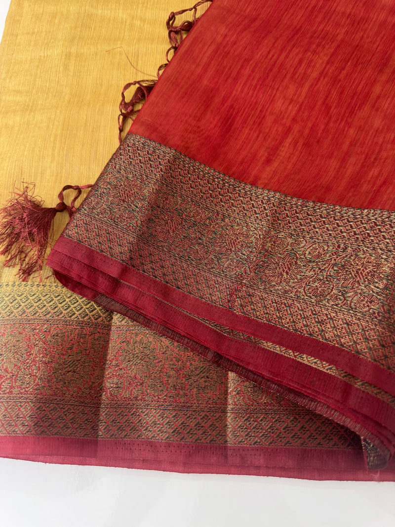 Jute silk sarees with contrast pallu & blouse MJL396 - DarkBeige to MaroonRed
