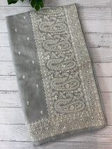 Semi linen saree with chikanakari embroidery- MS15086 PastelGrey