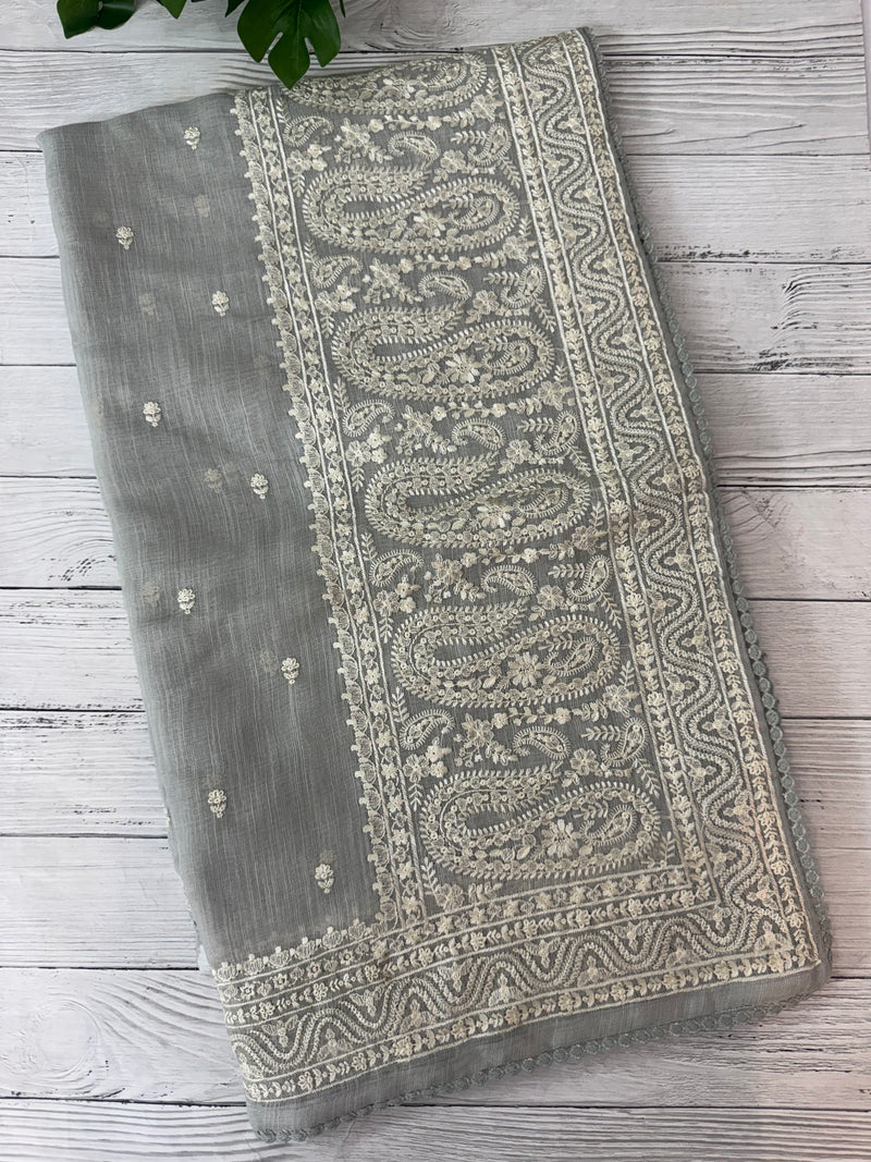 Semi linen saree with chikanakari embroidery- MS15086 PastelGrey