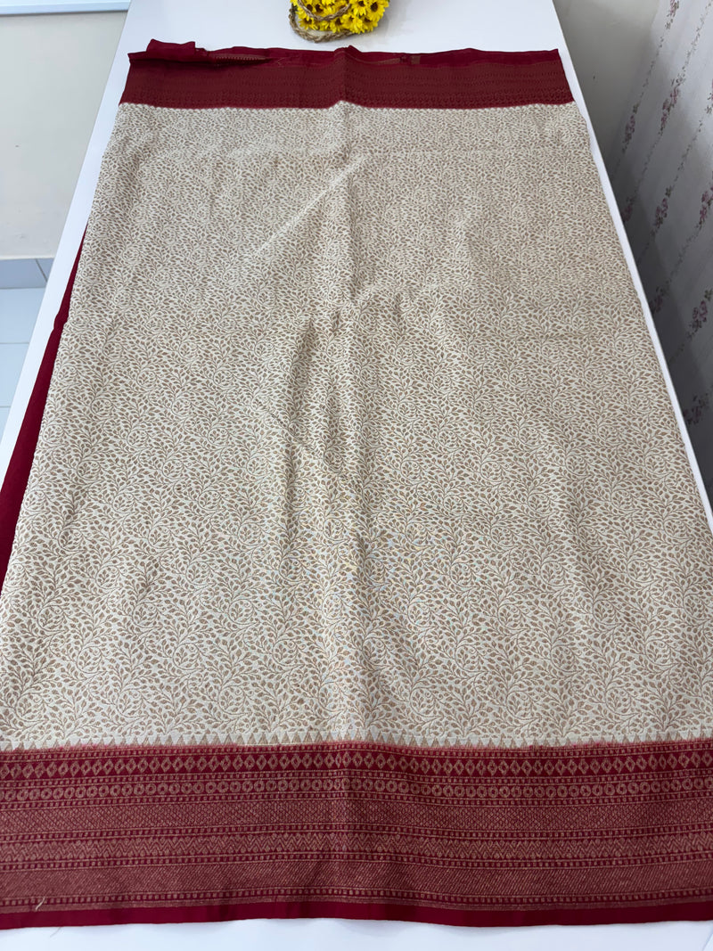 Semi katan Banarasi saree with antique zari weaving MSKZ250 Offwhite & MaroonRed